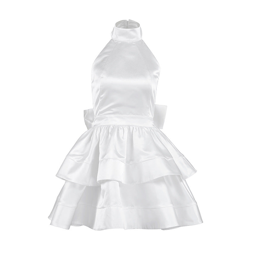 Neck-hanging Satin Puff Skirt Evening Gown Waist-cinching A-line Formal Dress For Women