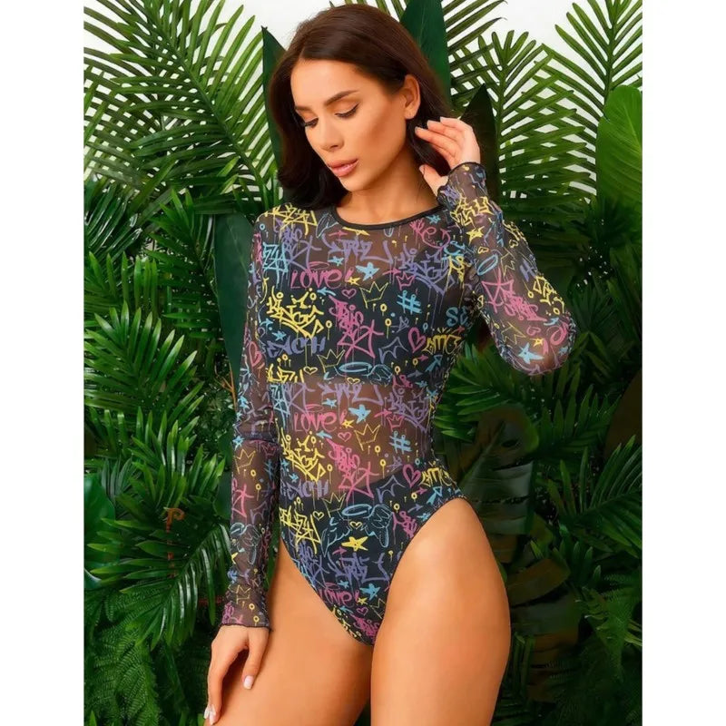 Mesh High Waist Sexy Swimsuit Women Summer Bathing Suit Bikini Set Long Sleeve Swimwear Beach Swimming Suit For Female Купальник
