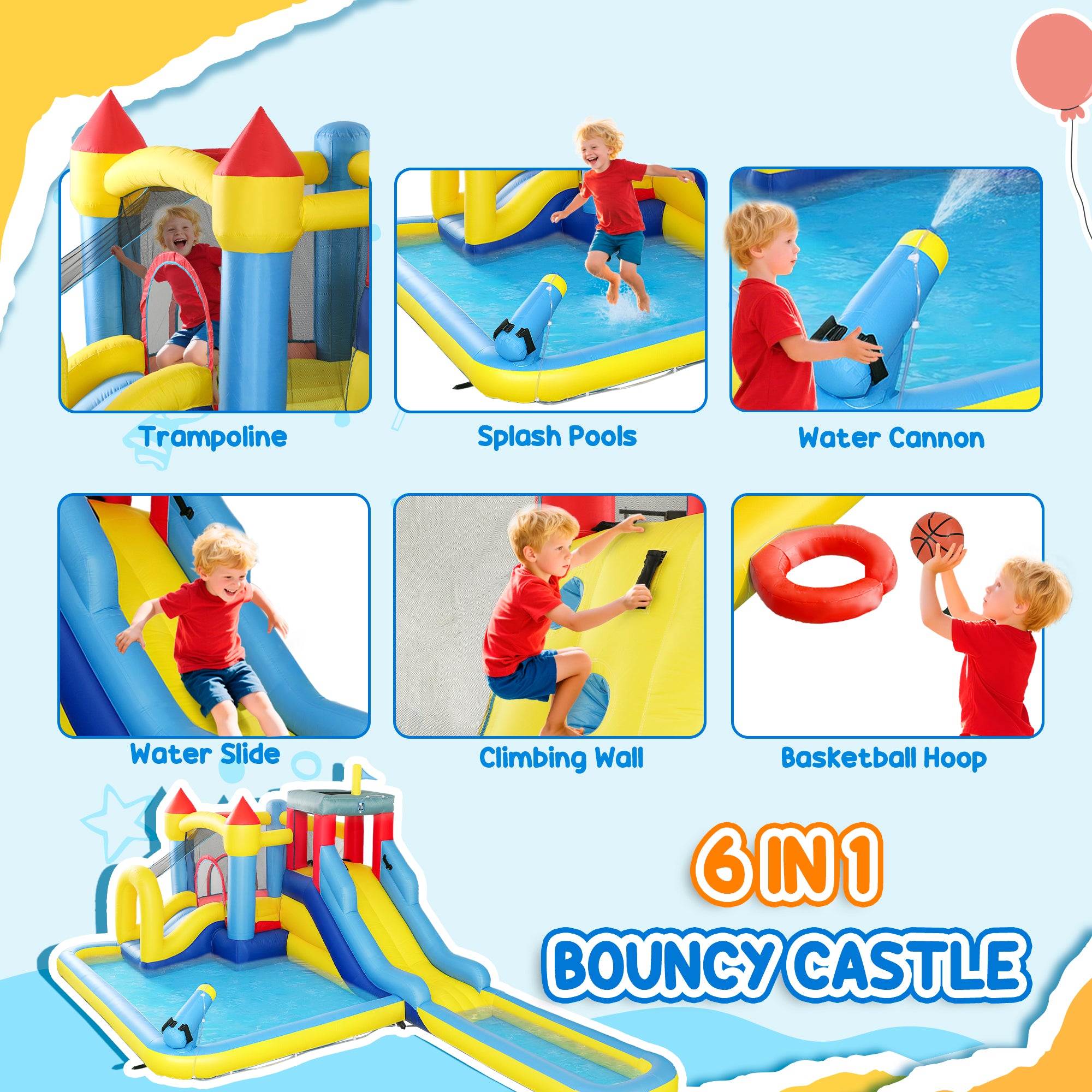 6 in 1 Inflatable Water Slide Park with Splash Pools, 2 Slides, Trampoline, Climbing Wall, Cannon, Basketball Hoop