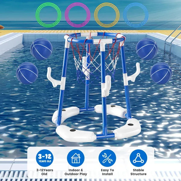 Summer Pool Basketball Hoop Toy Set With 4 Basketballs 4 Circles Floating Swimming Pool Basketball Games Poolside Water Play Toy For 3-12Years Old Kids Adults GPCT5441