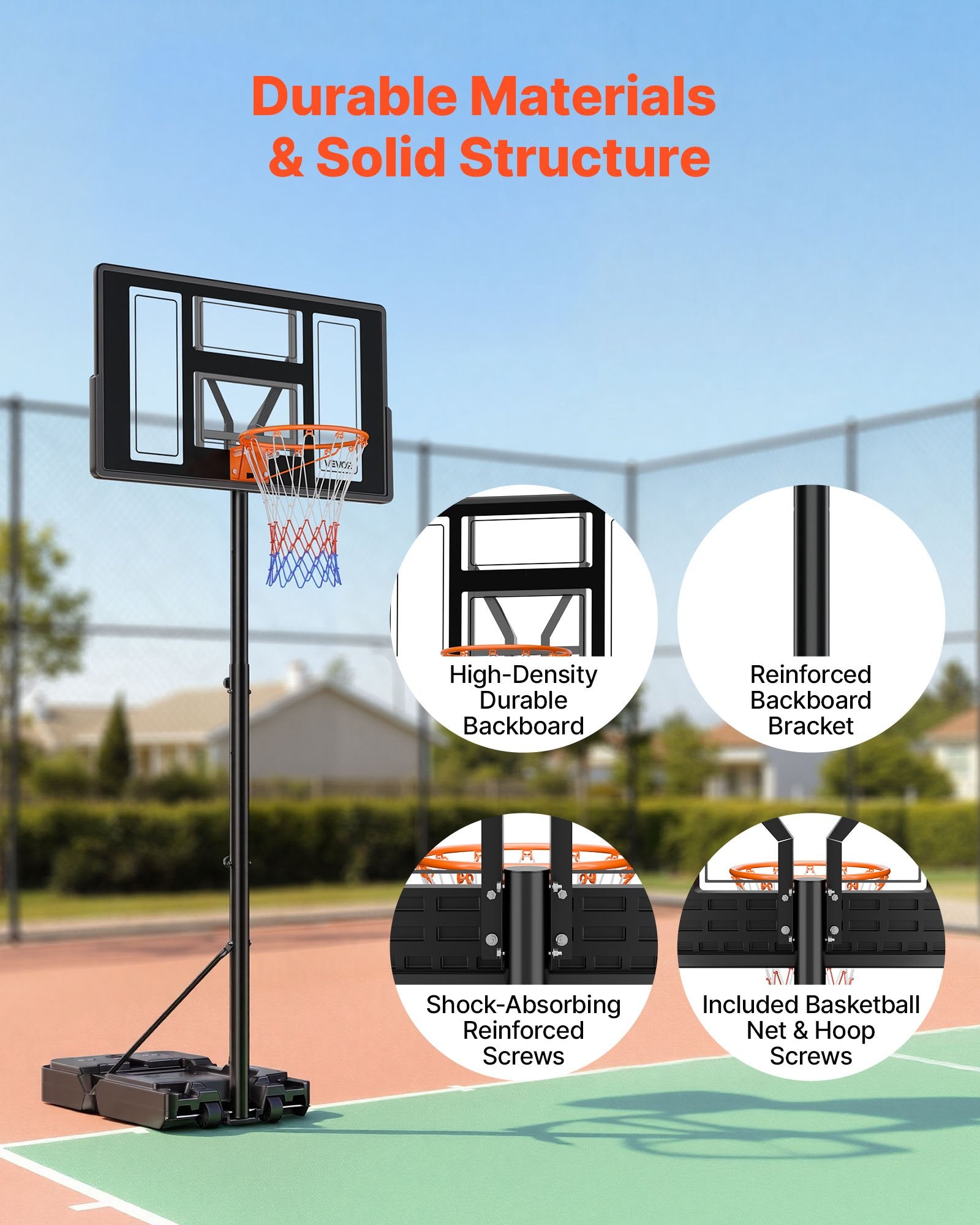 Portable Basketball Stand, 4.4 Ft To 10 Ft Height Adjustment Basketball Hoop & Goal, Adjustable Basketballs Goal System With Built-in Rolling Wheels For Kids, Teens, Adults In Driveways, Pools