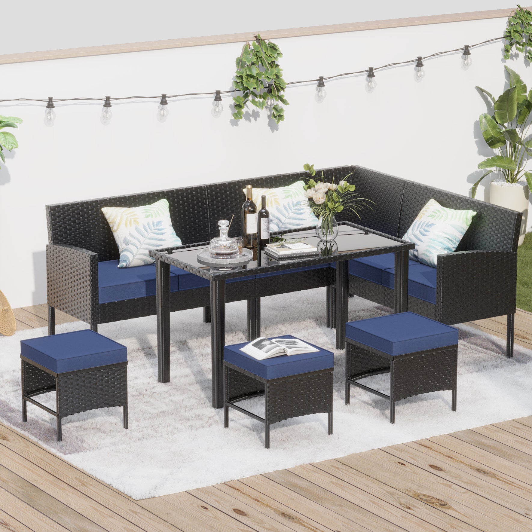 Small Space Patio Furniture 7-piece Outdoor Furniture Set, Backyard Furniture Set, Waterproof Seat Cushion, Glass Table, Space Saving, Suitable For Backyard, Terrace Or Garden,Dark Blue