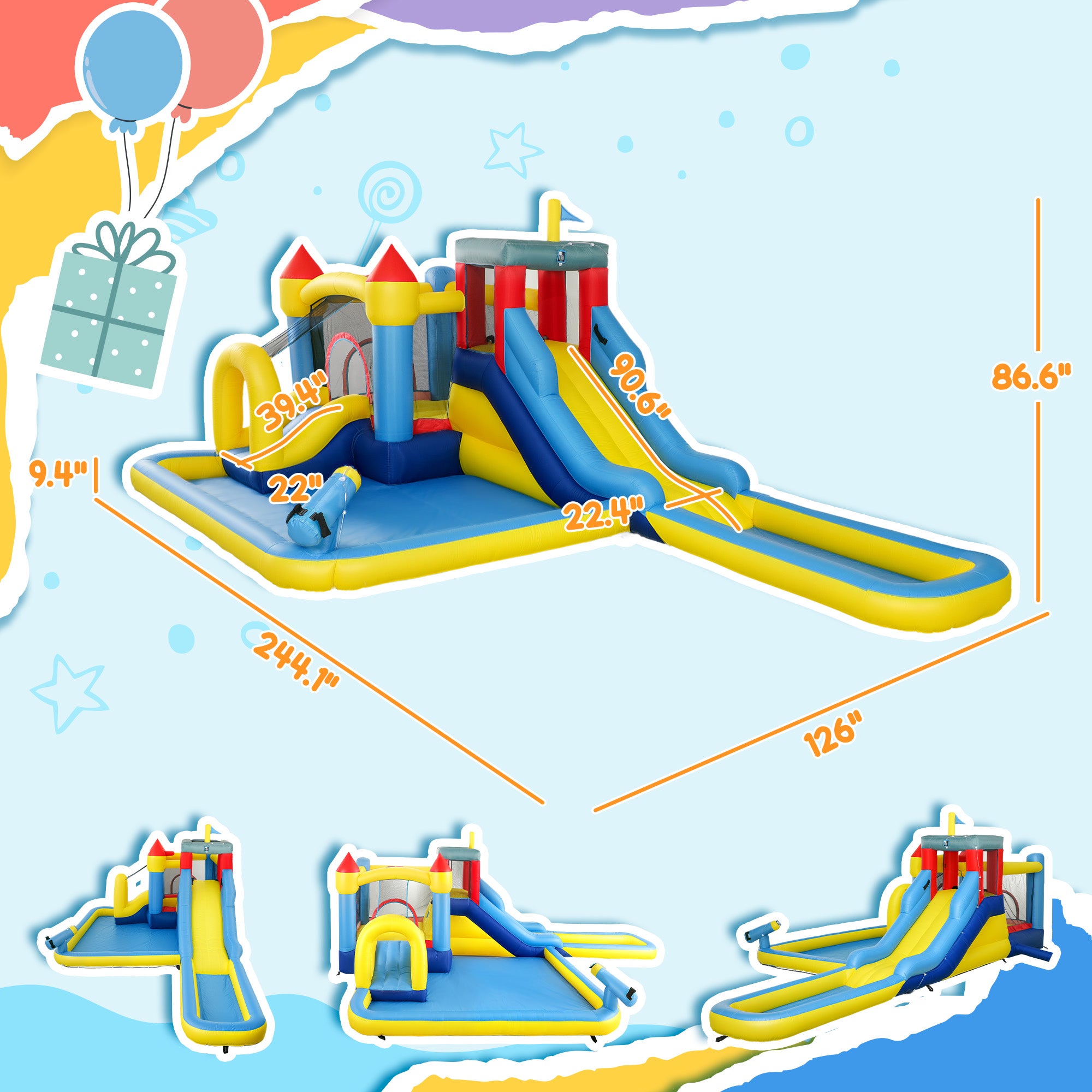 6 in 1 Inflatable Water Slide Park with Splash Pools, 2 Slides, Trampoline, Climbing Wall, Cannon, Basketball Hoop
