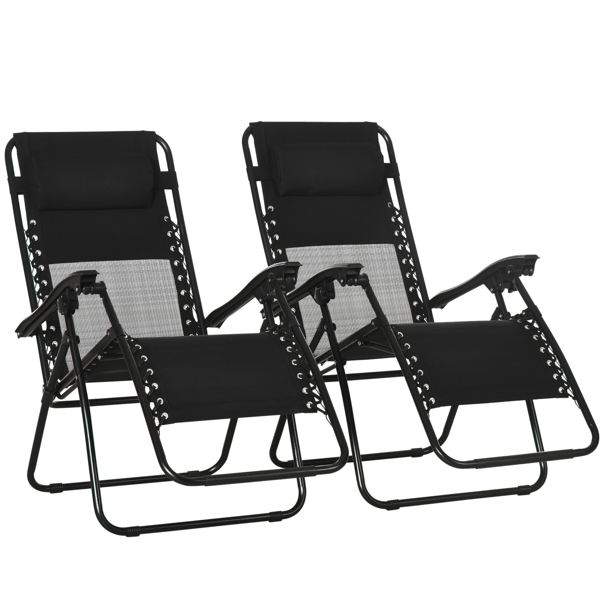 Garden Recliner Chairs Set Of 2, Outdoor Foldable Zero Gravity Chairs Set W/ Footstool And Detachable Headrest, Black