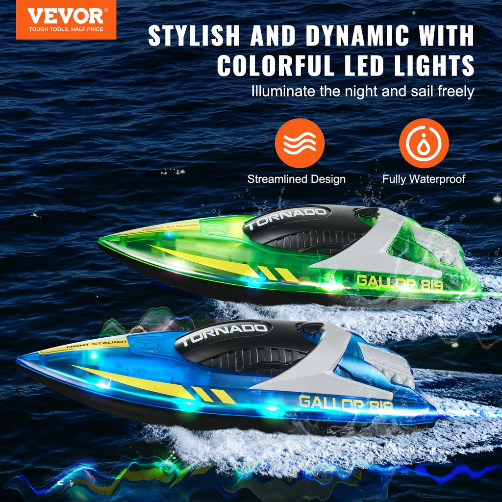RC Boat, 2 Pack 2.4GHz 12 Km/h, Remote Control Boat For Pools & Lakes, Racing Boat With LED Light, 4 Rechargeable Batteries, Whole Body Waterproof, Gift For Adults Boys & Girls, Blue & Green