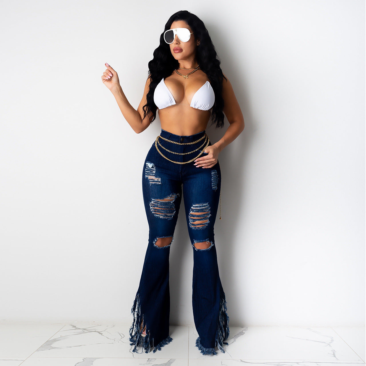 Ripped Fringed Washed Denim Jeans