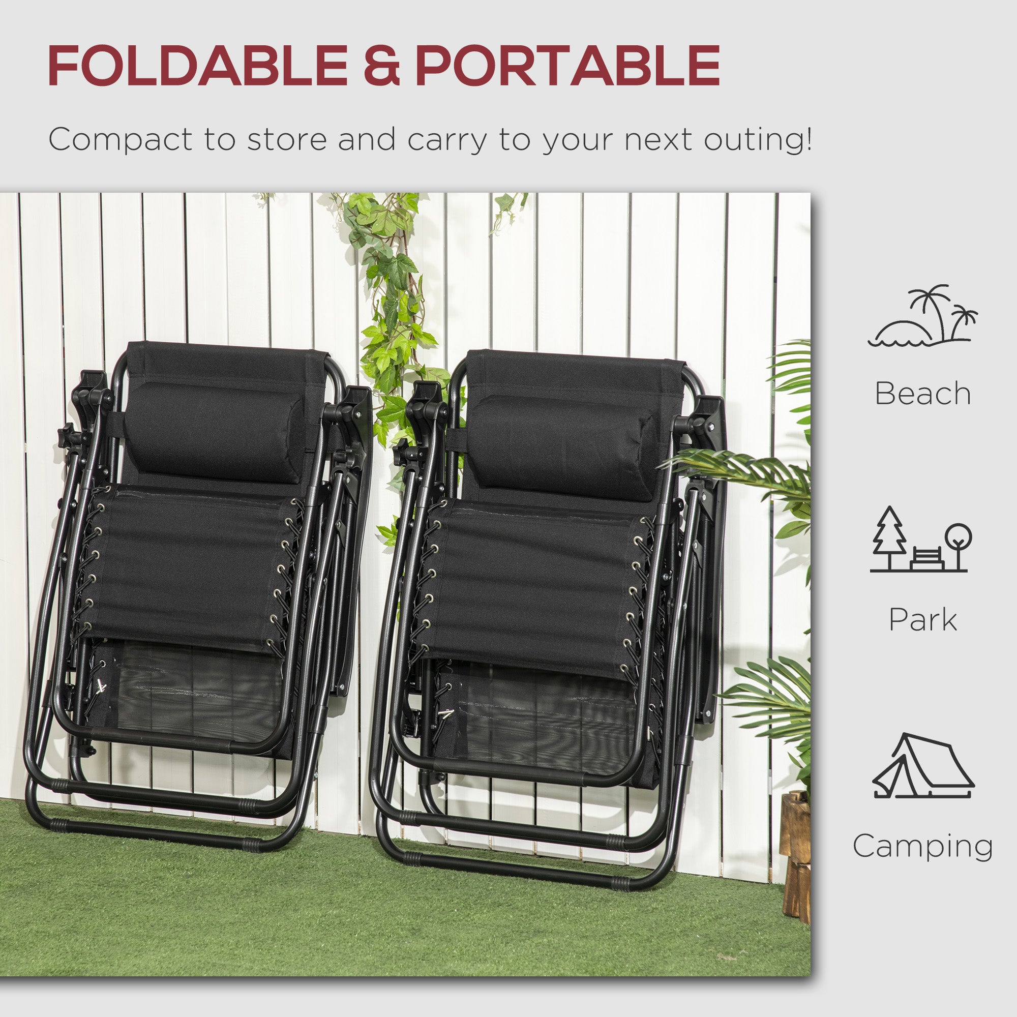 Garden Recliner Chairs Set Of 2, Outdoor Foldable Zero Gravity Chairs Set W/ Footstool And Detachable Headrest, Black