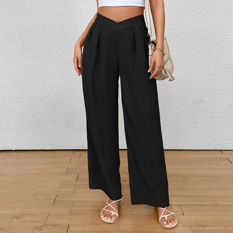 Leisure Trousers Solid Color Cross Waist Commuter Straight Trousers