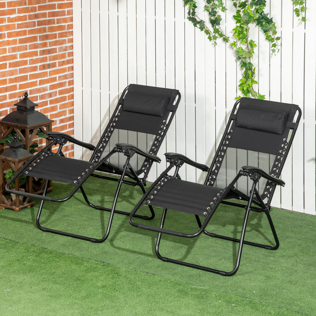 Garden Recliner Chairs Set Of 2, Outdoor Foldable Zero Gravity Chairs Set W/ Footstool And Detachable Headrest, Black