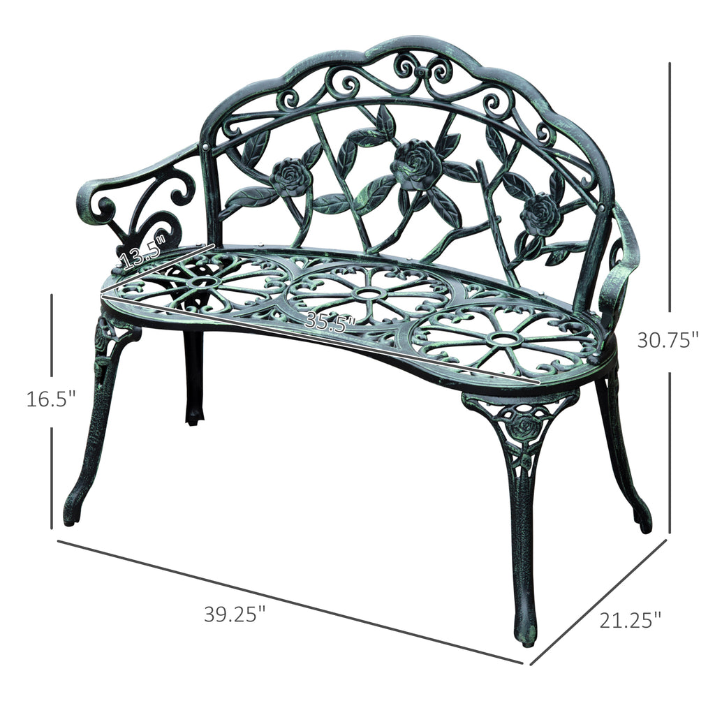 Outdoor Bench, Cast Aluminum Outdoor Furniture, Metal Bench With Floral Rose Accent & Antique Finish, Green