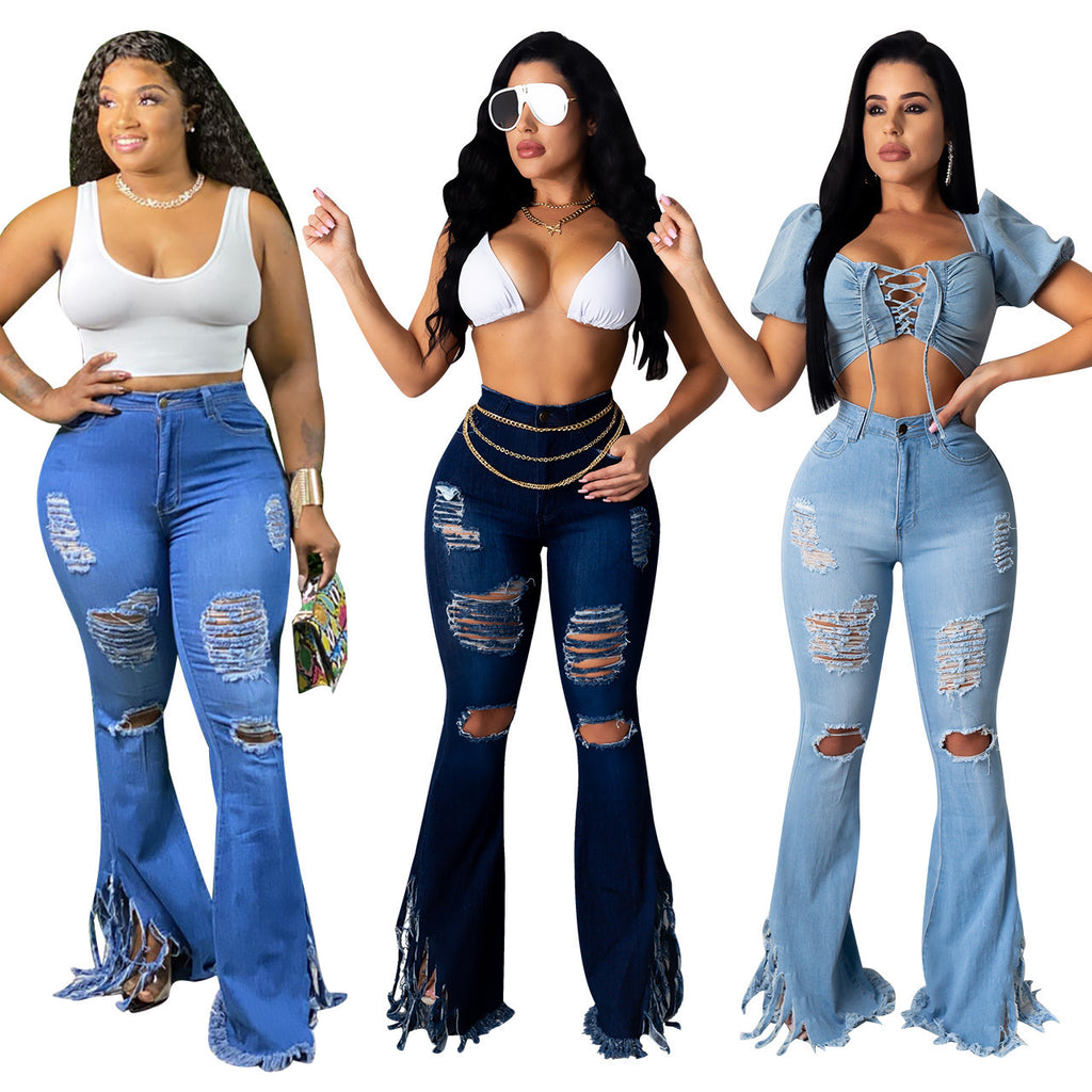 Ripped Fringed Washed Denim Jeans