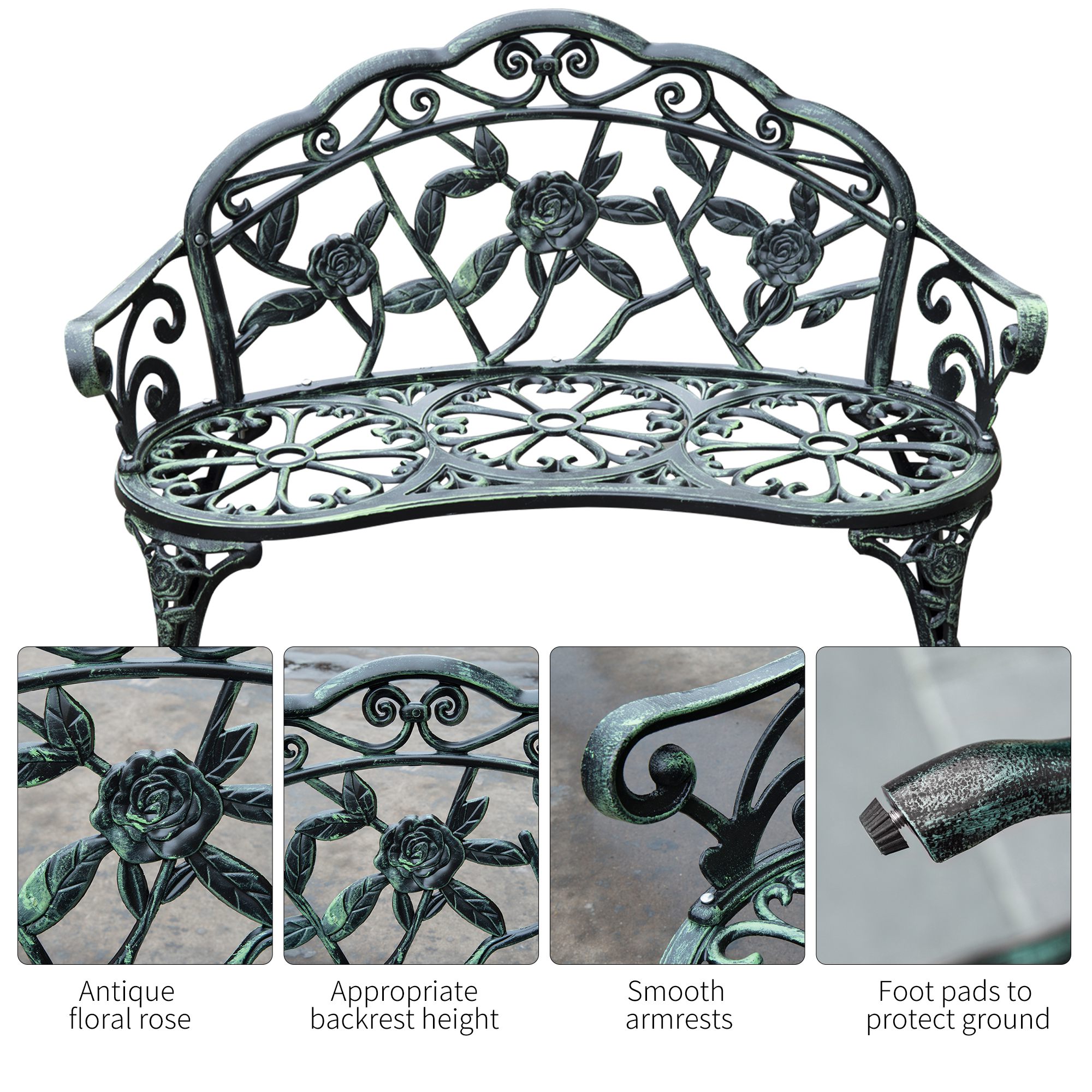 Outdoor Bench, Cast Aluminum Outdoor Furniture, Metal Bench With Floral Rose Accent & Antique Finish, Green