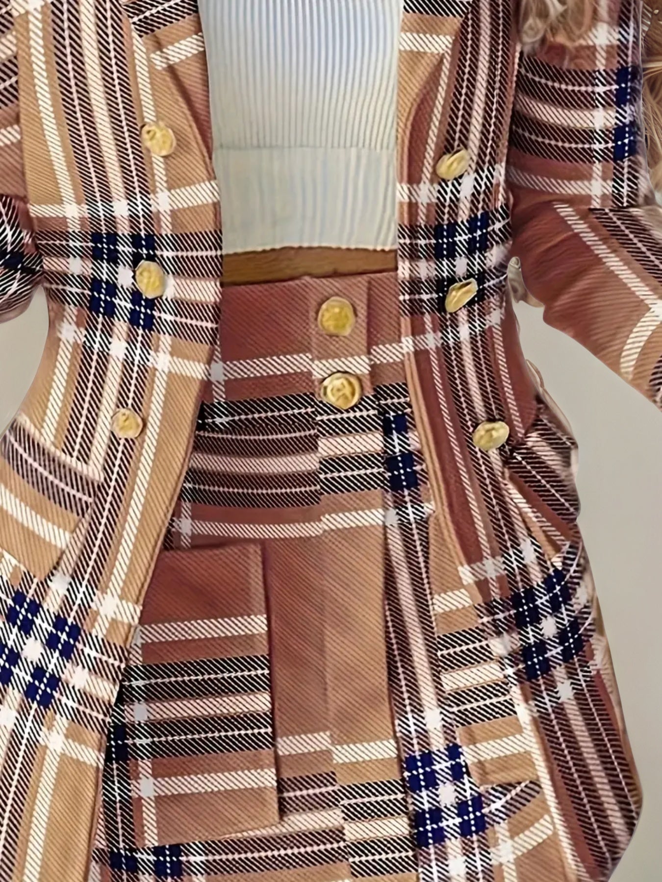 Women's Elegant Set, Double Breasted Long Sleeved Plaid Lapel Jacket&plaid Skirt With Pockets, Double Breasted Closure, Perfect For Work And Formal Occasions - Ideal Gift For Women