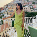 Women's Shrinking Pleated Fluttering Straps V-Neck Dresses Crowd Design Irregular Long Dresses