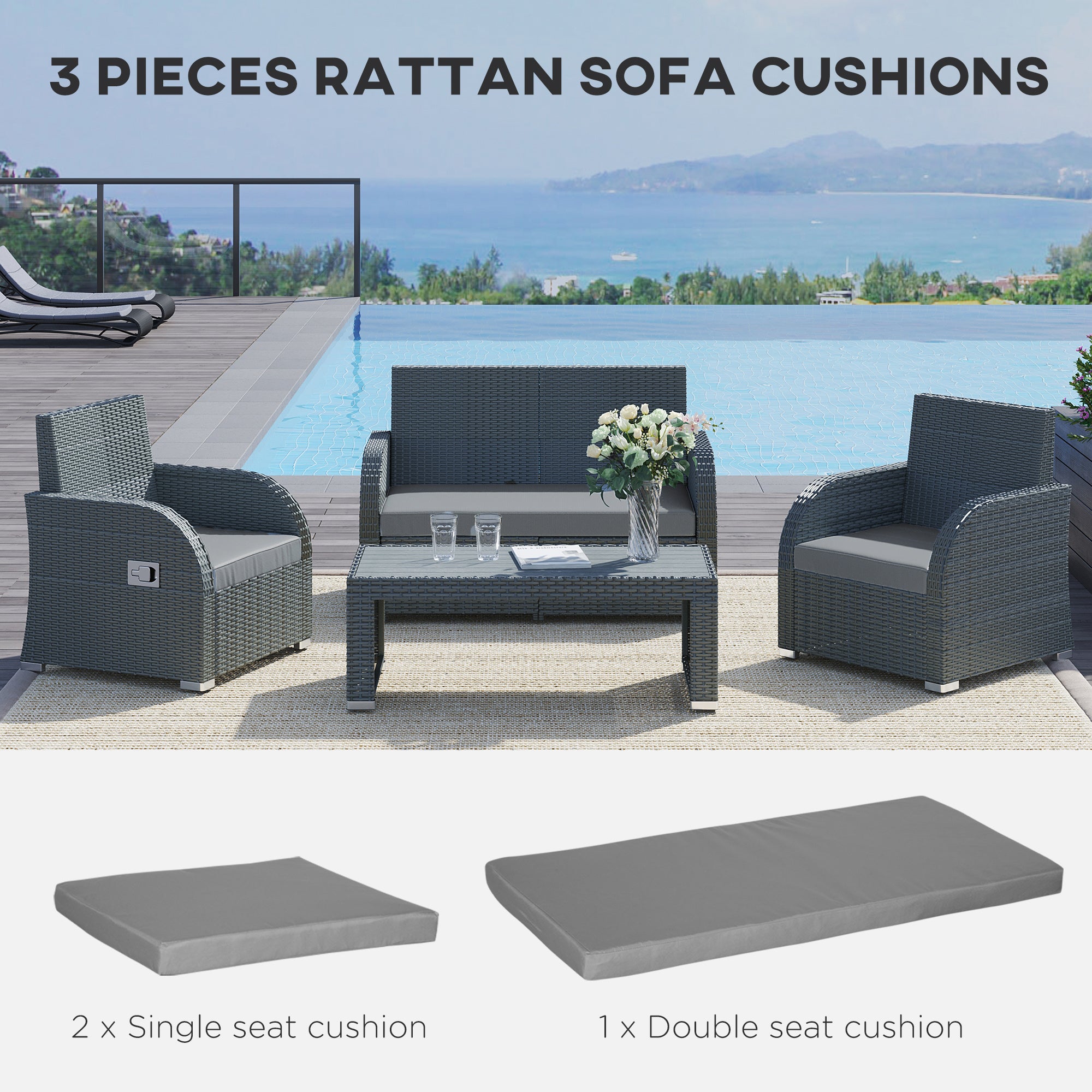 Outdoor Seat Cushion Pads For Rattan Furniture, 3 PCs Garden Furniture Cushions, Dark Grey