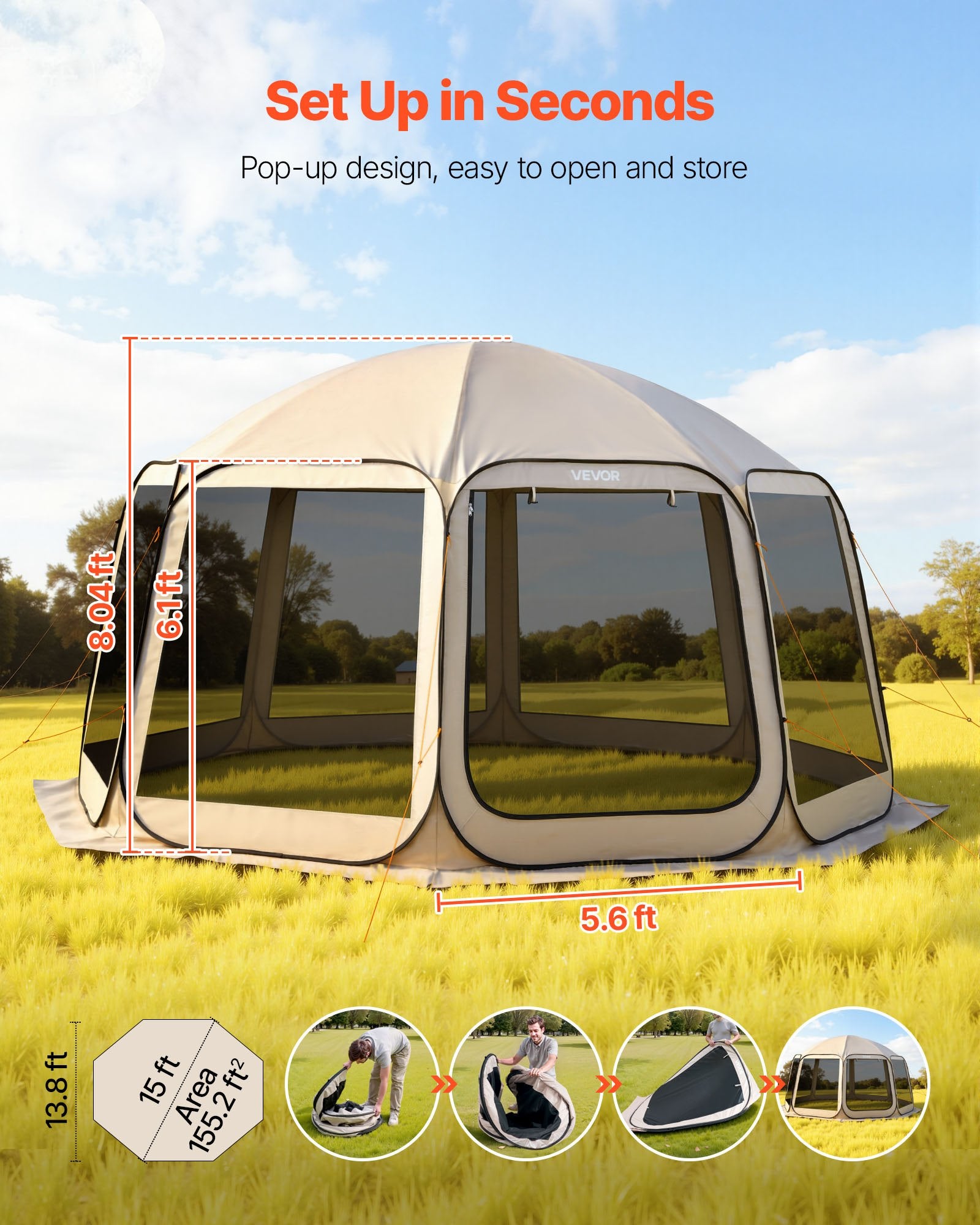 Screen House Tent, 15 X 13.8 Ft, 12-15 Person Pop Up Screen Tent, Portable Screened In Canopy With Carry Bag, Netting Sides, Ground Stakes, For Garden, Patio, Backyard, Outdoor Activities, Beige