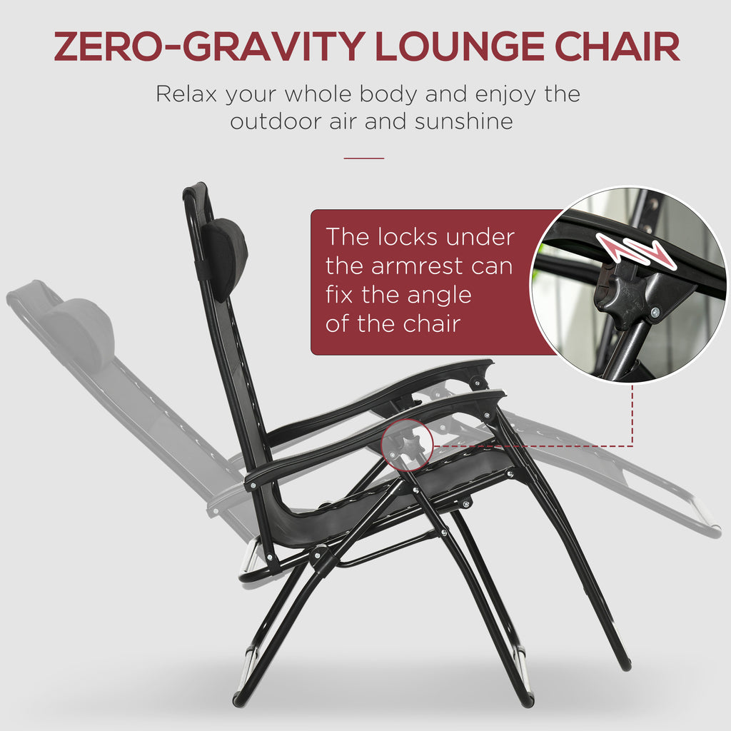 Garden Recliner Chairs Set Of 2, Outdoor Foldable Zero Gravity Chairs Set W/ Footstool And Detachable Headrest, Black