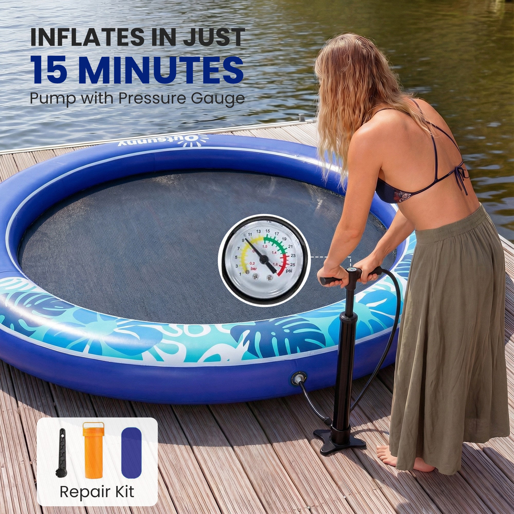8FT Inflatable Water Hammock Floating Ring, Inflatable Floating Dock Platform for for Lakes, Pools, Oceans, Blue