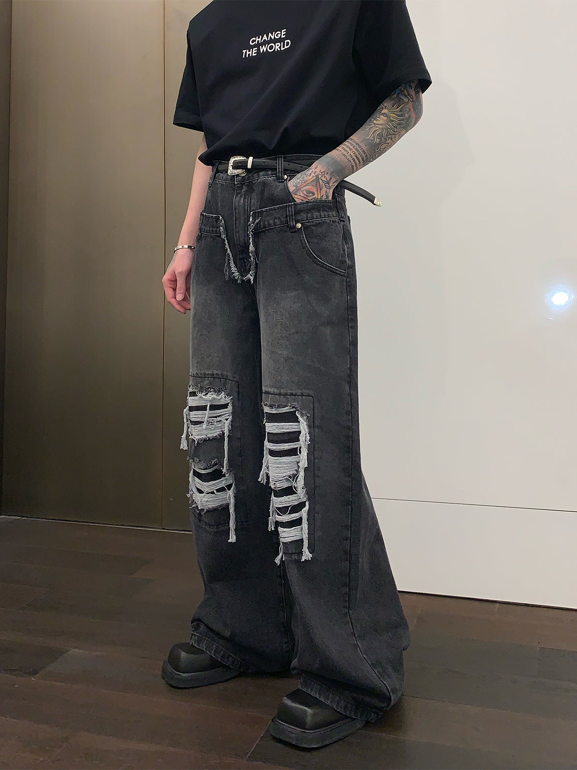 Loose Straight Hole Wide Leg Trousers Casual Floor Trousers
