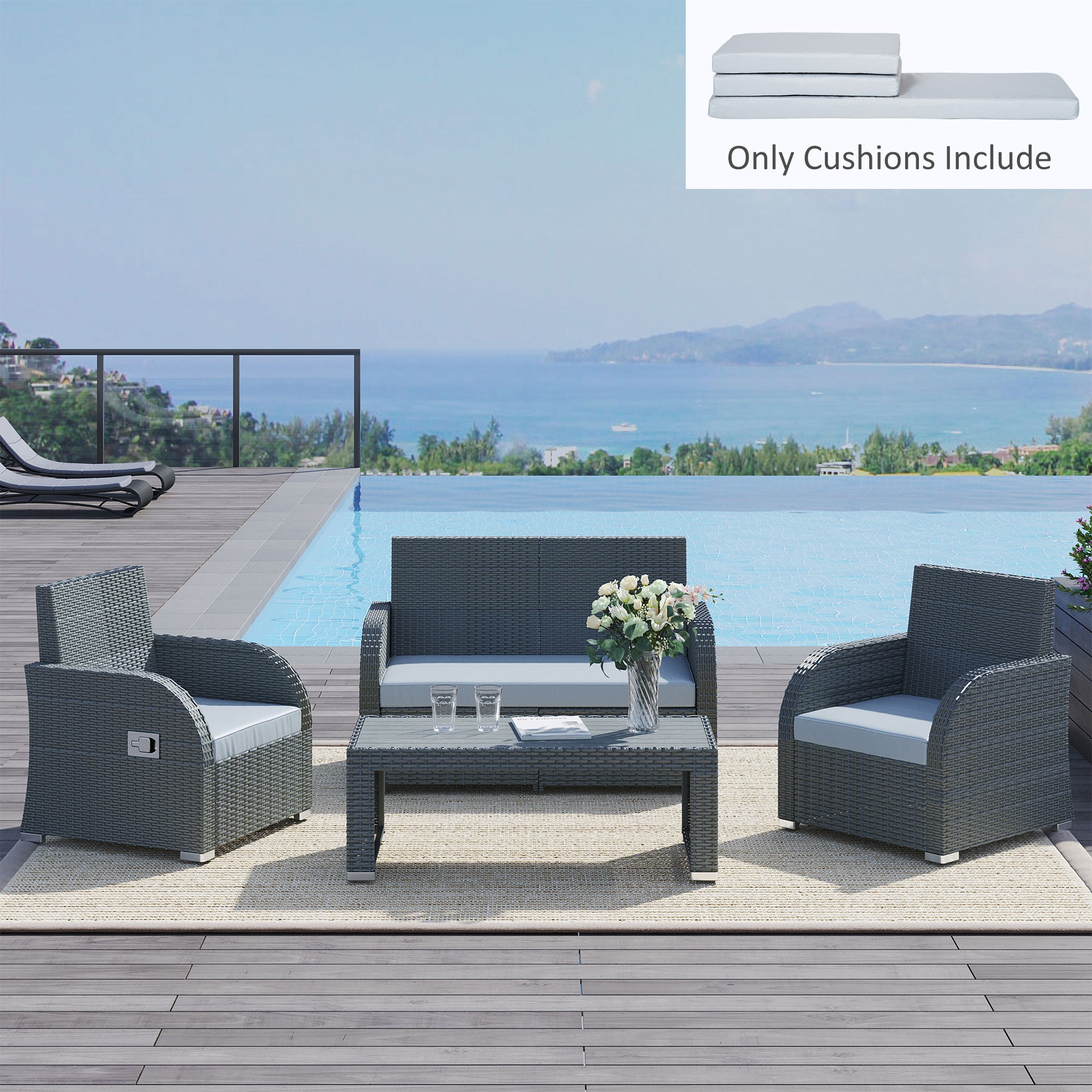 3 PCs Outdoor Seat Cushion For Rattan Furniture, Garden Furniture Cushions, Grey