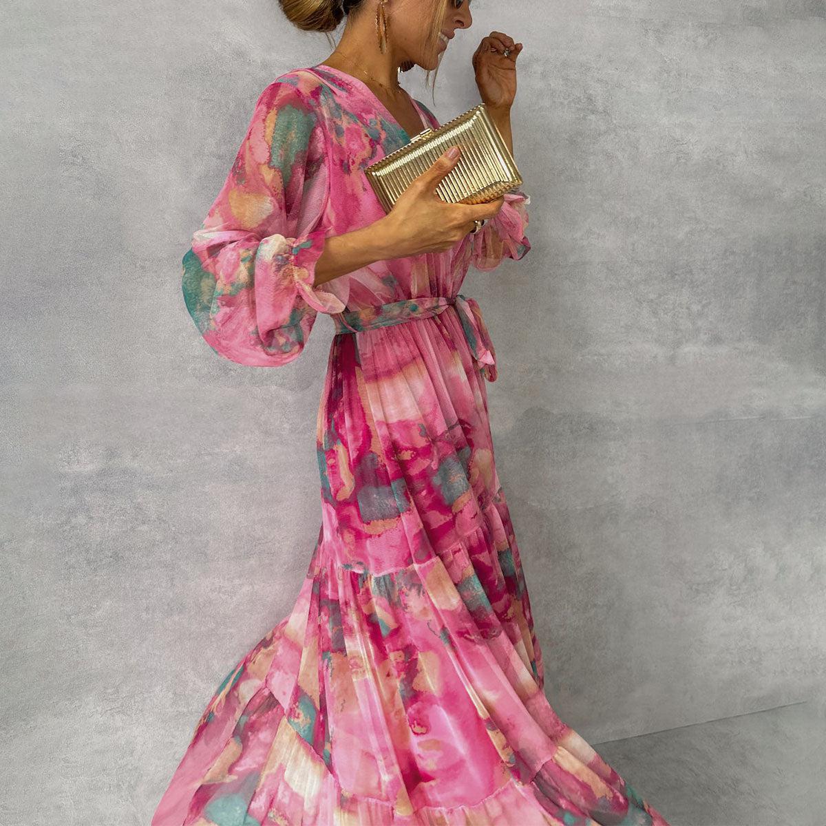 Long-sleeved Floral Print Dress Elegant V-neck Pleated High-waisted Big Swing Chiffon Maxi Dresses For Women Clothing