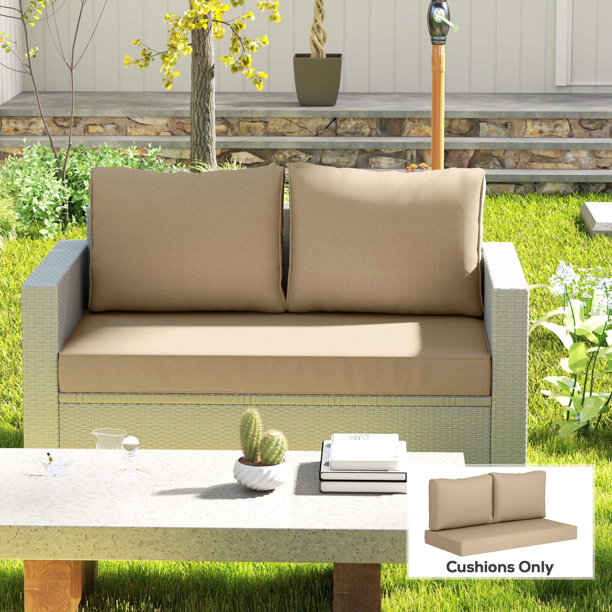 2 Seat Patio Furniture Cushions, 46x26x5 In, Thick Outdoor Loveseat Cushion Set With Removable Cover, Fade-Resistant Replacement Cushions For Outdoor Furniture, Couch, Bench, Swing, Beige